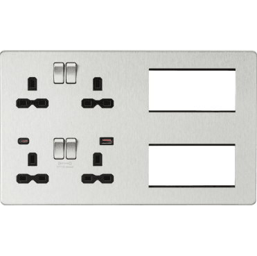 SFR998BC Screwless Multimedia Combination Plate and Dual USB Ports A+C (12V DC 1.5A MAX 18W) with Black Inserts in Brushed Chrome