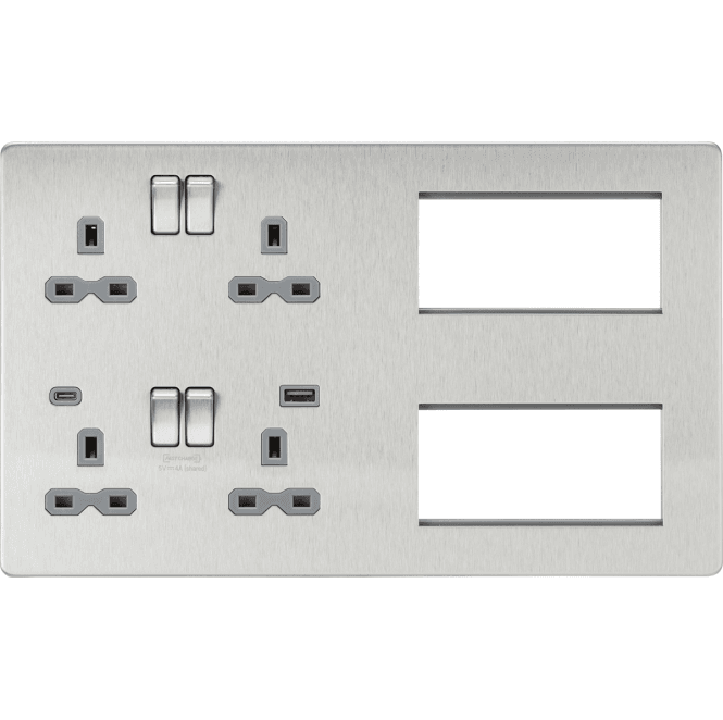 Knightsbridge Switches and Sockets SFR998BCG Screwless Multimedia Combination Plate and Dual USB Ports A+C (12V DC 1.5A MAX 18W) with Grey Inserts in Brushed Chrome