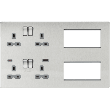SFR998BCG Screwless Multimedia Combination Plate and Dual USB Ports A+C (12V DC 1.5A MAX 18W) with Grey Inserts in Brushed Chrome