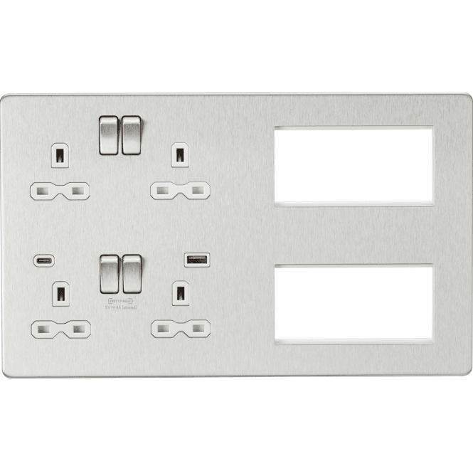 Knightsbridge Switches and Sockets SFR998BCW Screwless Multimedia Combination Plate and Dual USB Ports A+C (12V DC 1.5A MAX 18W) with White Inserts in Brushed Chrome