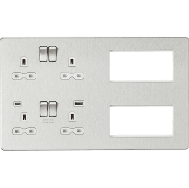 SFR998BCW Screwless Multimedia Combination Plate and Dual USB Ports A+C (12V DC 1.5A MAX 18W) with White Inserts in Brushed Chrome