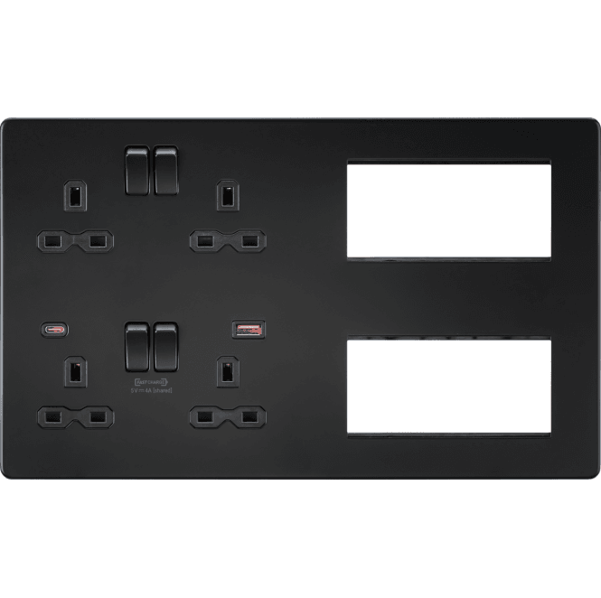 Knightsbridge Switches and Sockets SFR998MBB Screwless Multimedia Combination Plate and Dual USB Ports A+C (12V DC 1.5A MAX 18W) in Matt Black