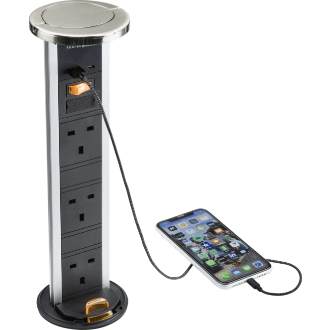 Knightsbridge Switches and Sockets SK9909BC IP54 3G Pop Up Socket with Dual Fast Charge USB A+C in Brushed Chrome