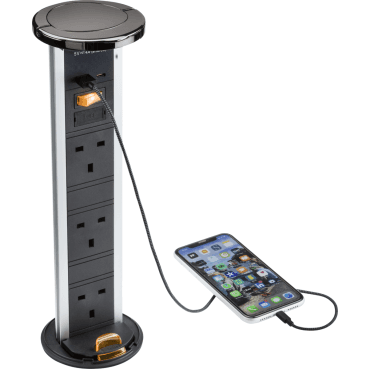 SK9909BN IP54 3G Pop Up Socket with Dual Fast Charge USB A+C in Black Nickel