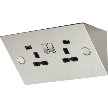SKR002A Double Mounting Switched Socket with Dual USB Charger (2.4A) with Black Insert in Stainless Steel