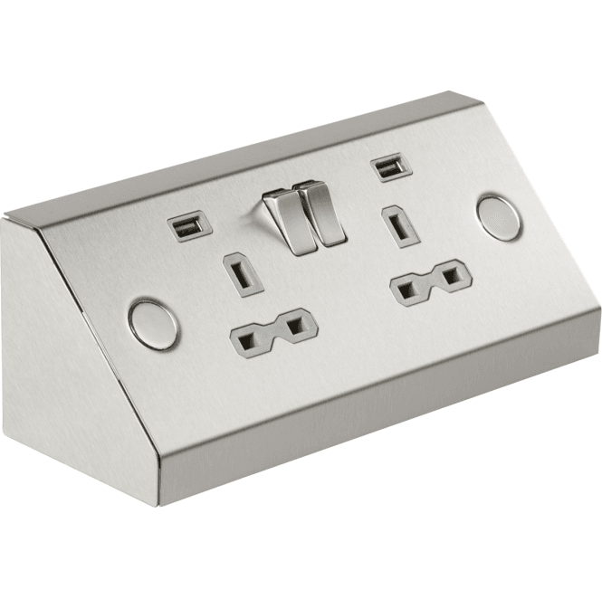 Knightsbridge Switches and Sockets SKR009A Double Mounting Switched Socket with Dual USB Charger (2.4A) with Grey Insert in Stainless Steel