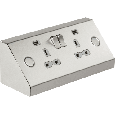 SKR009A Double Mounting Switched Socket with Dual USB Charger (2.4A) with Grey Insert in Stainless Steel