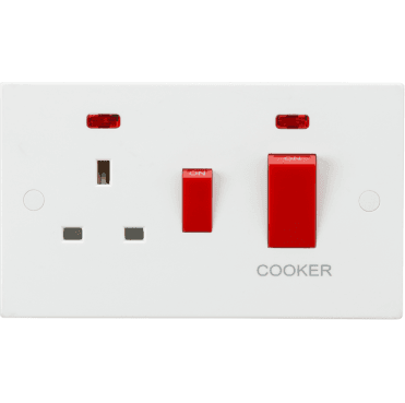 SN8333N Square Edged 45A DP Cooker Switch and 13A Switched Socket with Neon in White