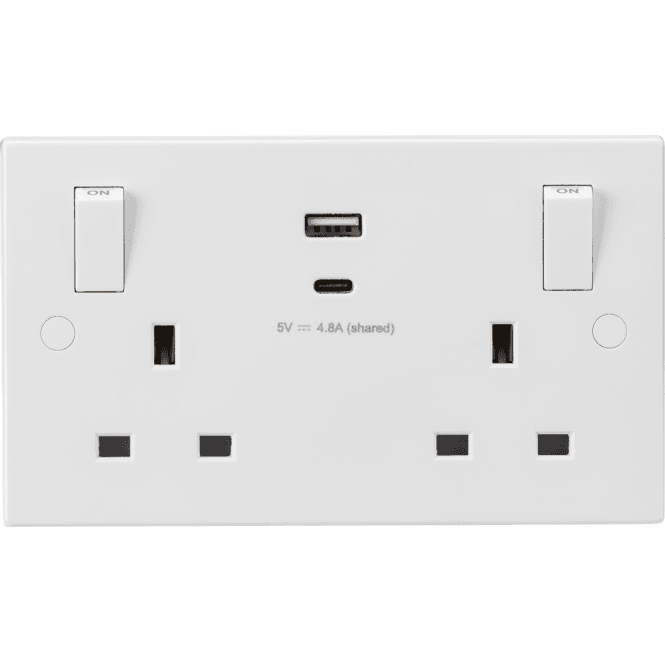 Knightsbridge Switches and Sockets SN9002 Square Edged Double Switched Socket with Dual USB Ports A+C (5V DC 4.8A) with Outboard Rockers in White