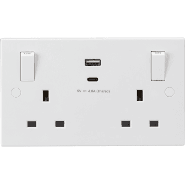 SN9002 Square Edged Double Switched Socket with Dual USB Ports A+C (5V DC 4.8A) with Outboard Rockers in White