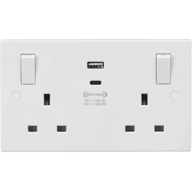Knightsbridge Switches and Sockets SN9003 Square Edged Double Switched Socket with Dual USB Ports A+C (20V DC 2.25A MAX 45W) with Outboard Rockers in White
