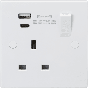 SN9919D Square Edged Single Swithced Socket with Dual USB Ports A+C (20V DC 1.1A) in White