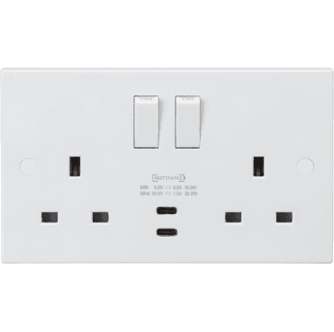 SN9930 Square Edged Double Switched Socket with Dual USB-C Ports (20V DC 1.5A) in White