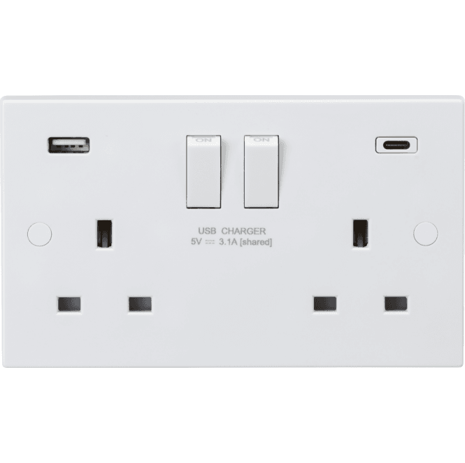 Knightsbridge Switches and Sockets SN9931D Square Edged Double Switched Socket with Dual USB Ports A+C (5V DC 3.1A) in White