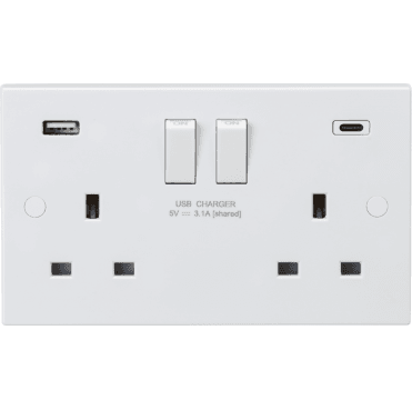 SN9931D Square Edged Double Switched Socket with Dual USB Ports A+C (5V DC 3.1A) in White