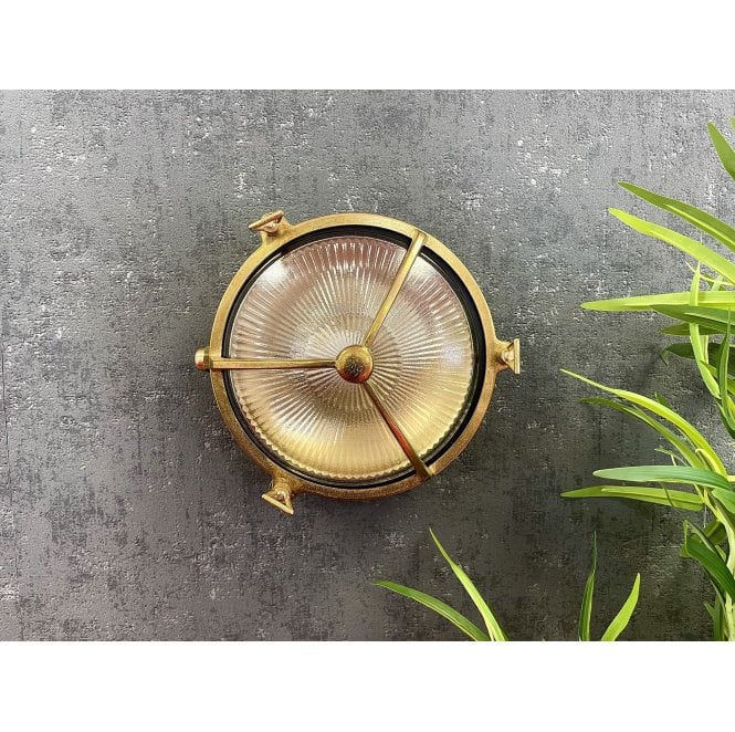 Lampfix Navigator 09611 Outdoor IP64 1 Light Trident Porthole Bulkhead Light in a Raw Brass Finish