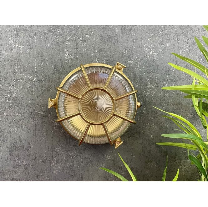 Lampfix Navigator 09613 Outdoor IP64 1 Light Extra Large Radial Porthole Bulkhead Light in a Raw Brass Finish