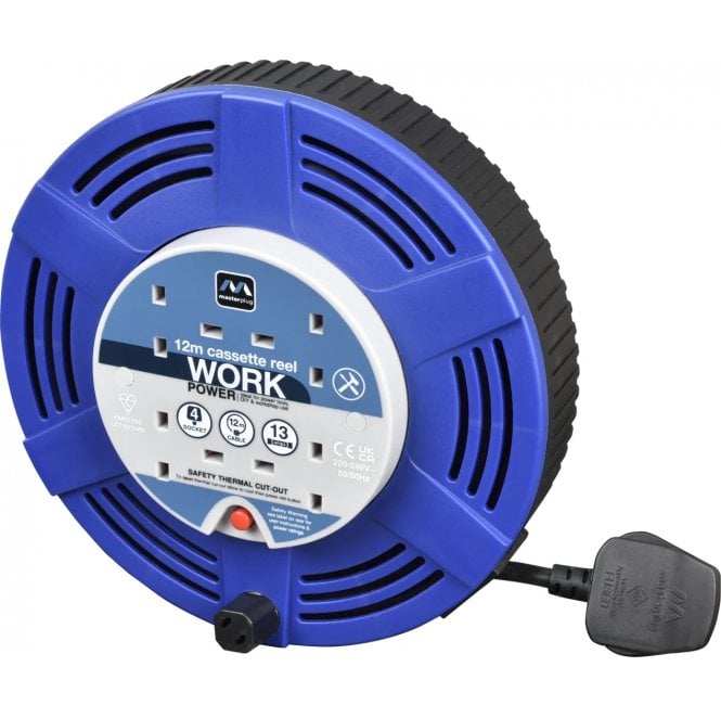 Masterplug LCT1213/4BL 12m Cassette Reel with 4 Sockets Blue