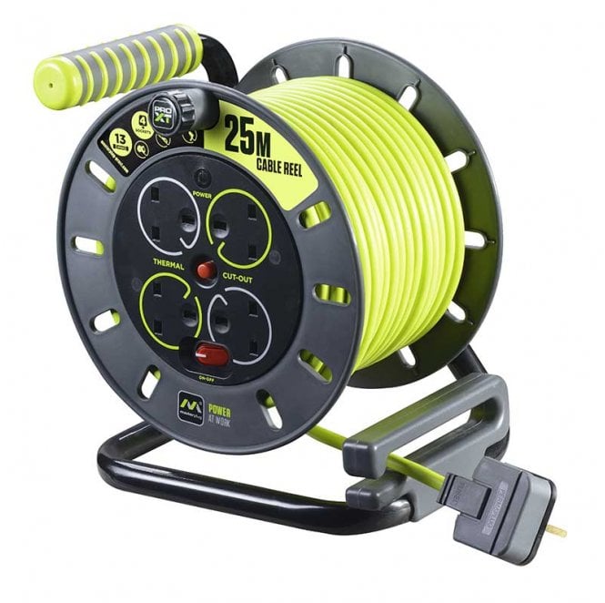 Masterplug OMU25134SL PRO-XT 25m Open Reel with 4 Sockets, Switch with LED Light