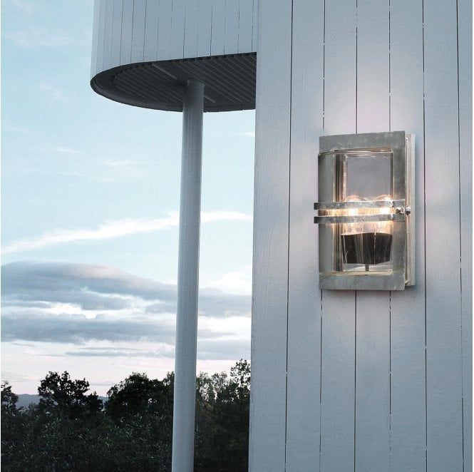 Norlys BASEL-E27-GAL-C Basel Outdoor IP54 1 Light Wall Lantern in a Galvanised Finish with Clear Glass