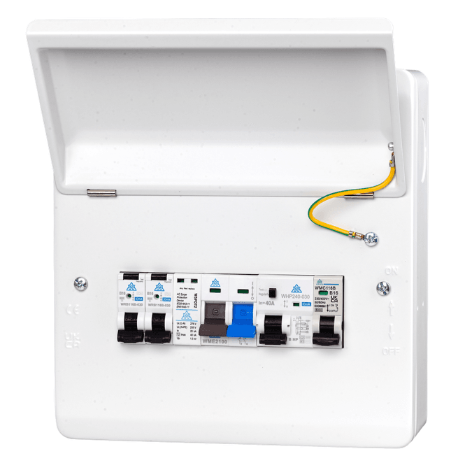 Whitecliffe WME08/HPR40C Heat Pump 8 Way Metal Enclosure with Surge Protection, 40A RCD and 2x 16 RCBO's