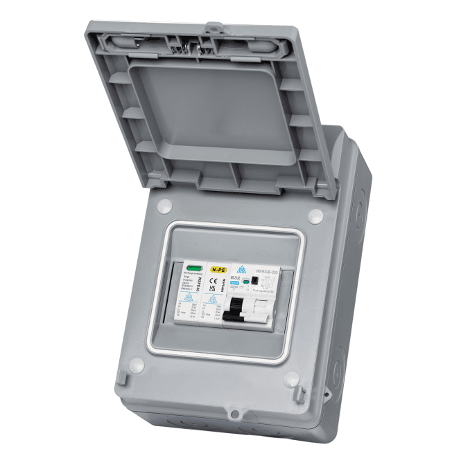 Whitecliffe WPRC32BSP IP65 Electric Vehicle (EV)/Solar Photovoltaic (PV) Protection Enclosure, A Type 32A B Curve RCBO and Surge Protection Device (SPD)