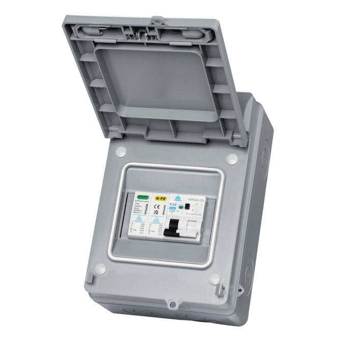Whitecliffe WPRC32CSP IP65 Electric Vehicle (EV)/Solar Photovoltaic (PV) Protection Enclosure, A Type 32A C Curve RCBO and Surge Protection Device (SPD)