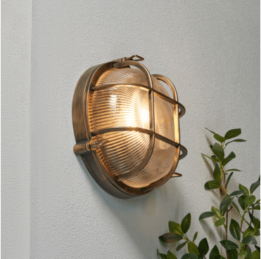 ZN-44231-GLD Gali Outdoor IP44 9w Caged Round Bulkhead in a Gold Finish
